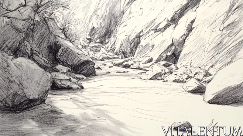 AI ART Rocky Landscape Pencil Drawing