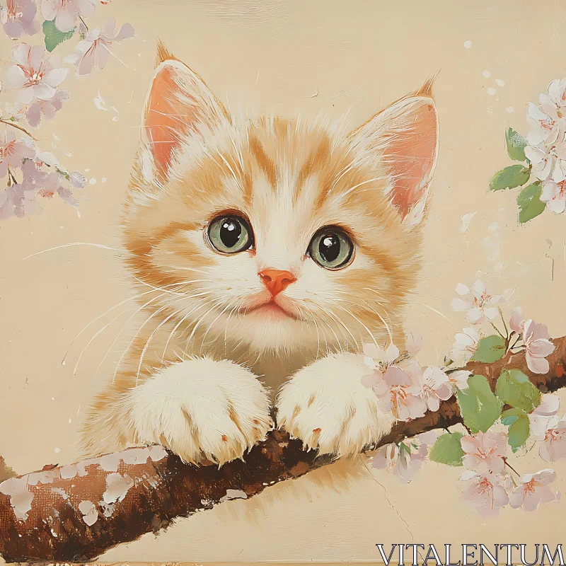 Cute Orange and White Kitten on Blossom Branch AI Image