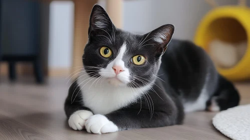 Charming Cat Lying on Wooden Floor