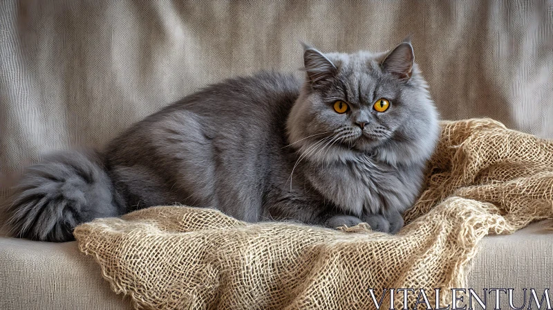 AI ART Elegant Gray Feline Lying on Textured Fabric