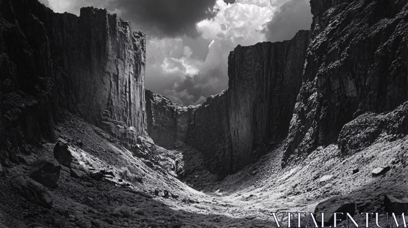 AI ART Black and White Canyon Scene with Steep Cliffs