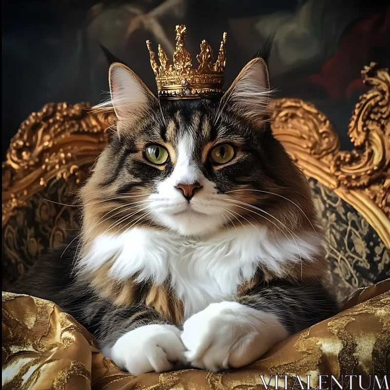 AI ART Regal Cat Portrait with Crown in Luxurious Setting