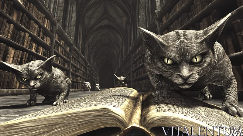 Eerie Stone Cats in a Gothic Library AI Image