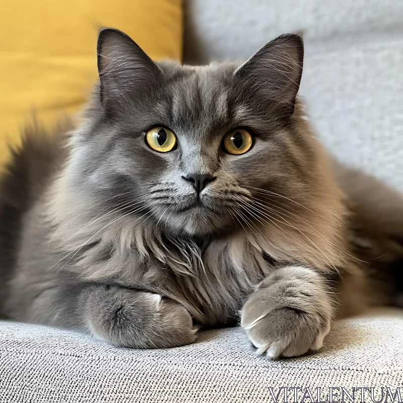 Elegant Long-Haired Gray Cat on a Light-Colored Couch AI Image