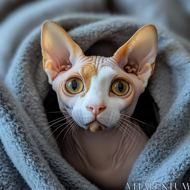 Sphynx Cat Snuggled in a Soft Blanket AI Image