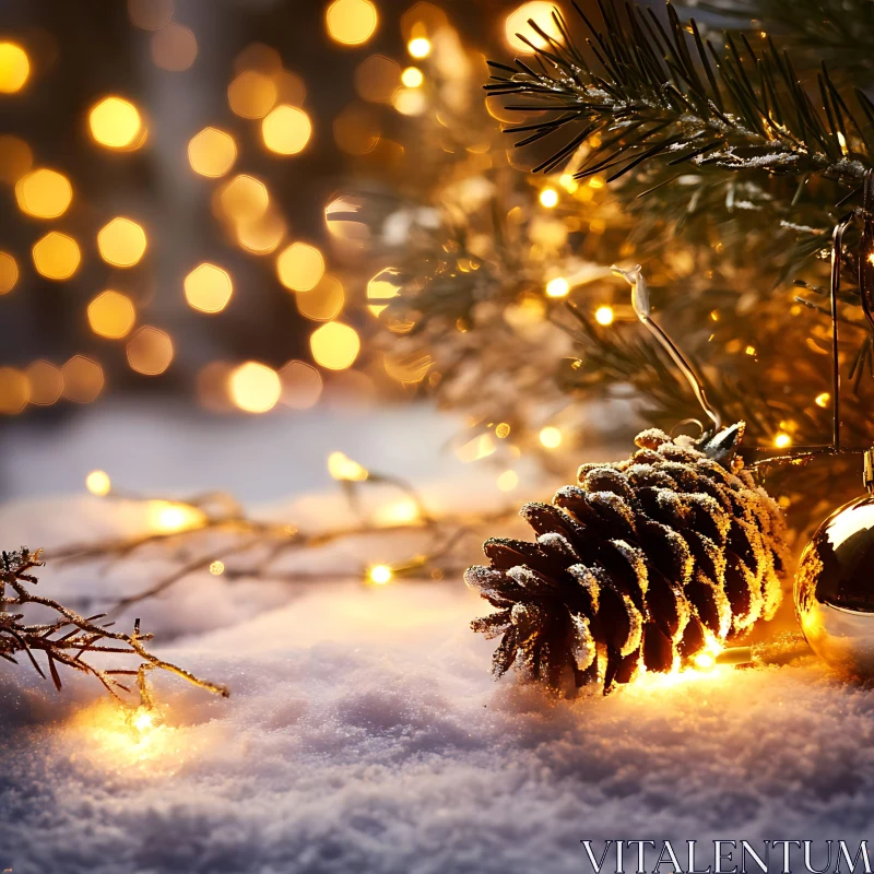 Christmas Decoration with Pinecone, Snow, and Lights AI Image