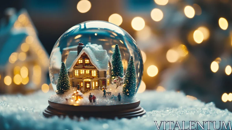 Quaint House in Snow Globe with Holiday Lights AI Image