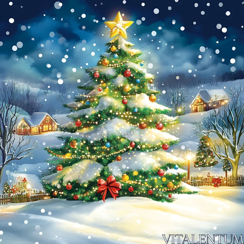 Idyllic Winter Scene with Decorated Christmas Tree AI Image