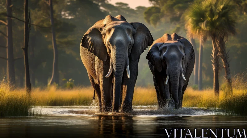 African Elephants in Serene River Landscape AI Image