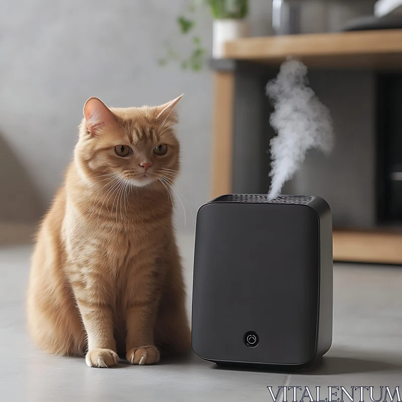 Attentive Cat with Humidifier in a Modern Home AI Image