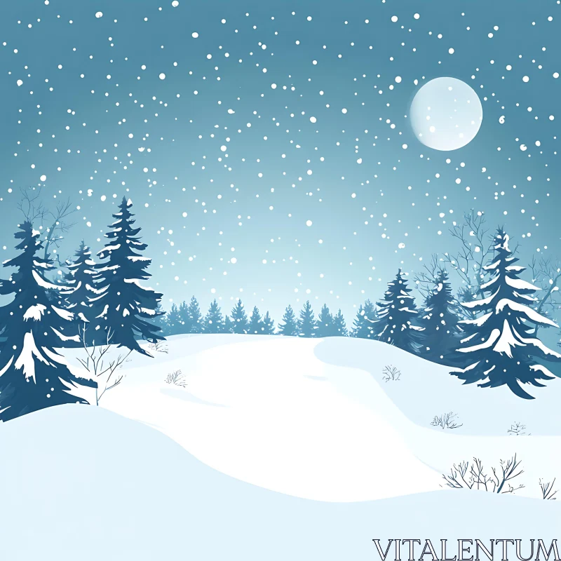 Peaceful Snowy Night with Moon and Trees AI Image