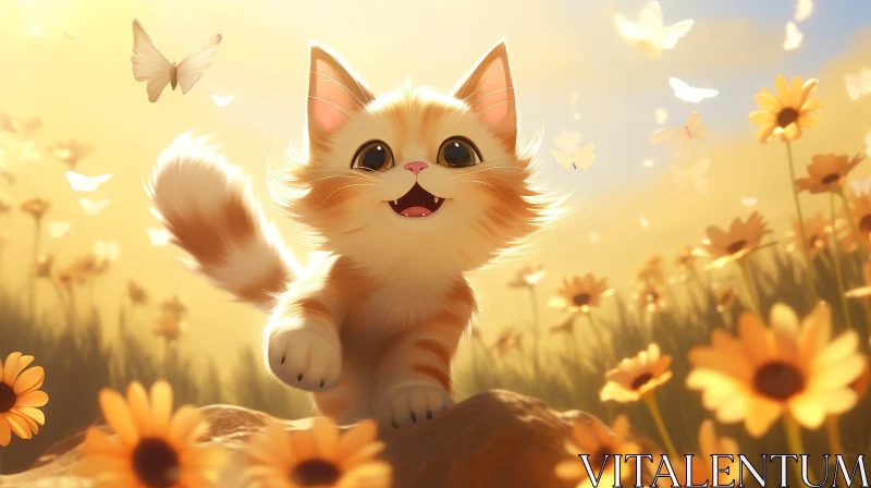Charming Cartoon Cat in Flower Field AI Image