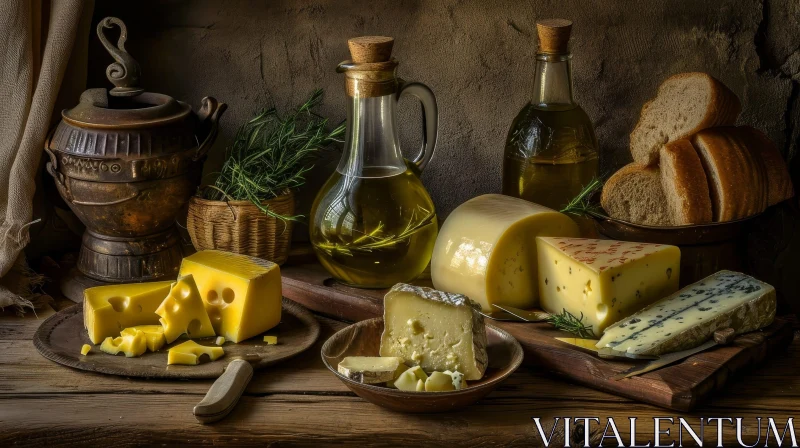 Cheeses, Bread, and Olive Oil: A Delightful Still Life Composition AI Image