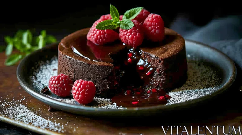 Decadent Chocolate Lava Cake with Raspberries and Mint | Close-Up AI Image