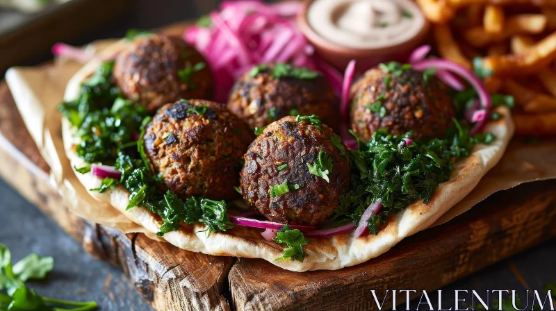 Delicious Ground Lamb Meatballs on Flatbread with Pickled Red Onions AI Image