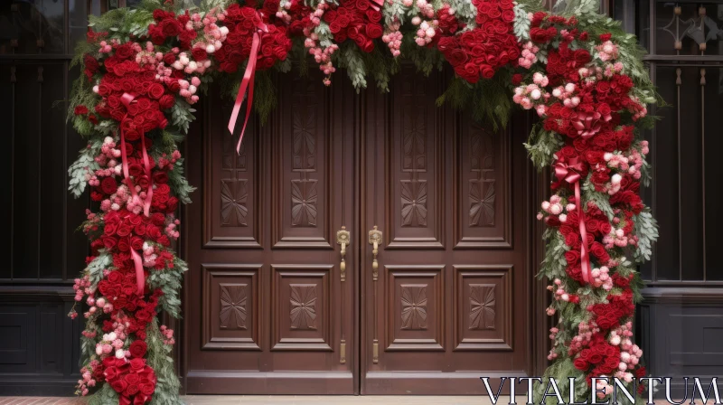 Enchanting Wood Door with Red Flowers and Greenery | Biblical Grandeur AI Image
