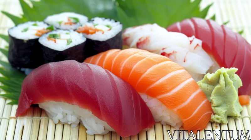 Exquisite Sushi Composition on Bamboo Mat AI Image