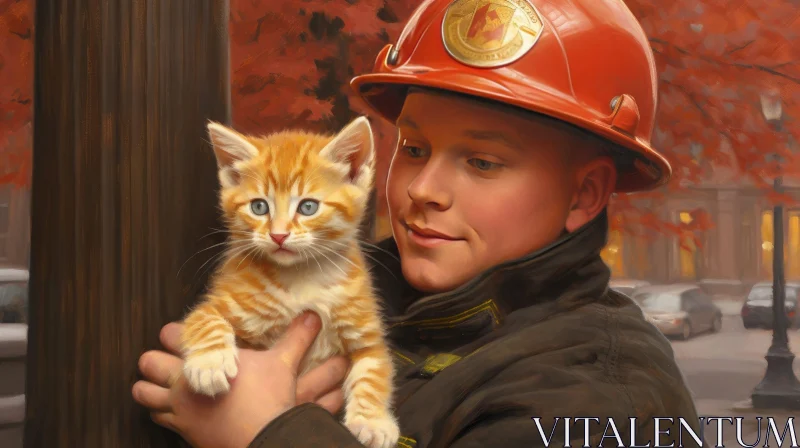 Heartwarming Image of Firefighter and Ginger Kitten AI Image