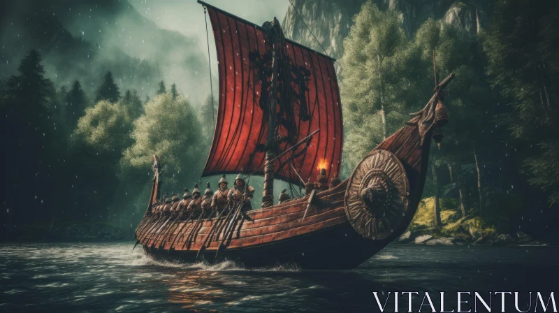 Majestic Viking Ship Sailing Through an Enchanting Forest AI Image