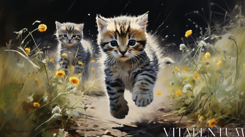 Playful Kittens in a Field of Yellow Flowers AI Image