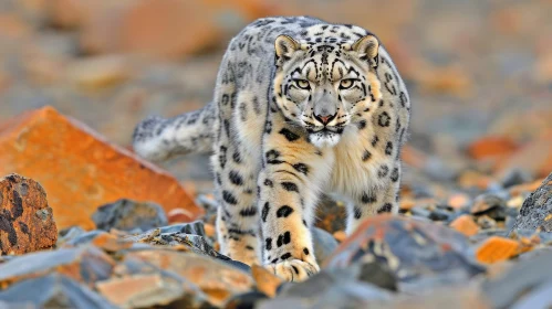 Snow Leopard Walking on Rocky Terrain - Captivating Wildlife Photography