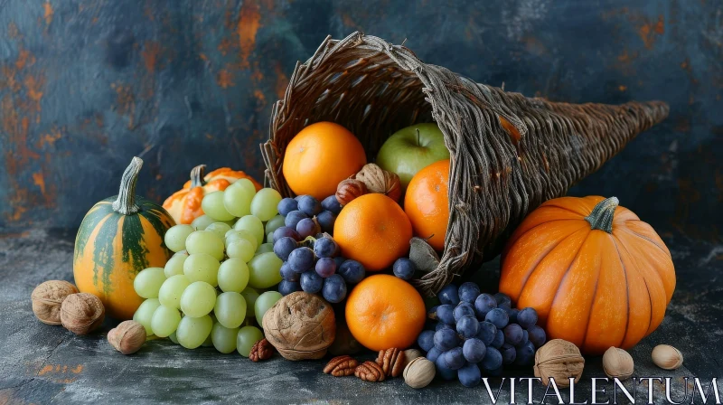 AI ART Still Life: Wicker Cornucopia Overflowing with Autumn Fruits and Vegetables