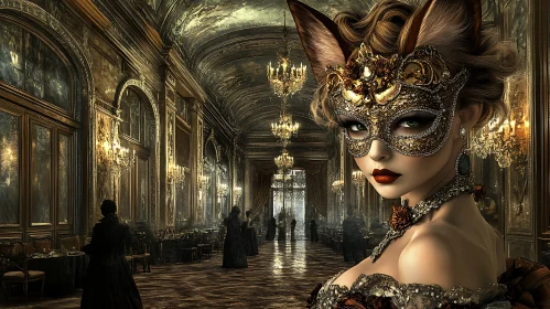 Opulent Ballroom with Masquerade Attendee