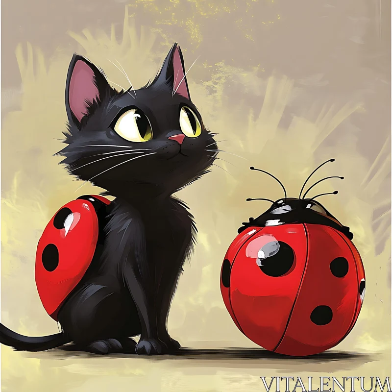 Whimsical Black Cat and Ladybug Illustration AI Image