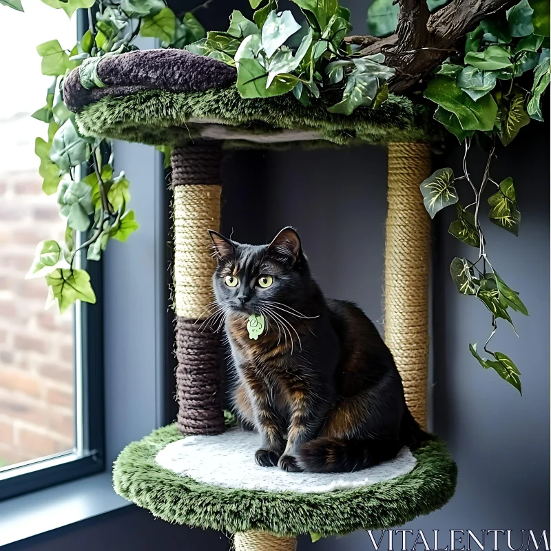 Cozy Cat Corner with Leafy Decor AI Image