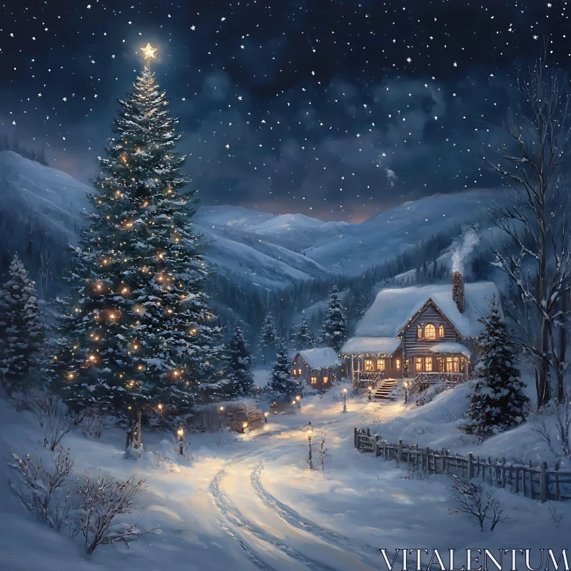 Serene Snowy Landscape with Illuminated Christmas Tree AI Image