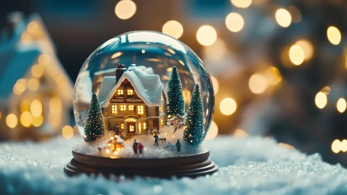 Quaint House in Snow Globe with Holiday Lights