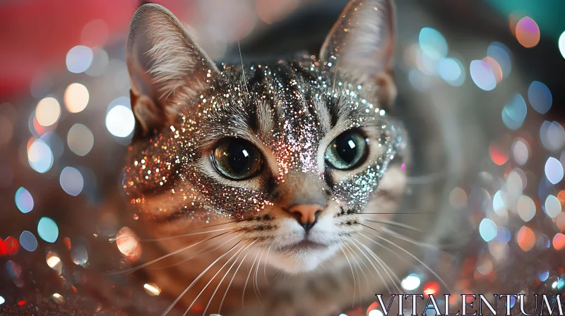 Festive Glitter Cat Portrait with Bokeh Background AI Image