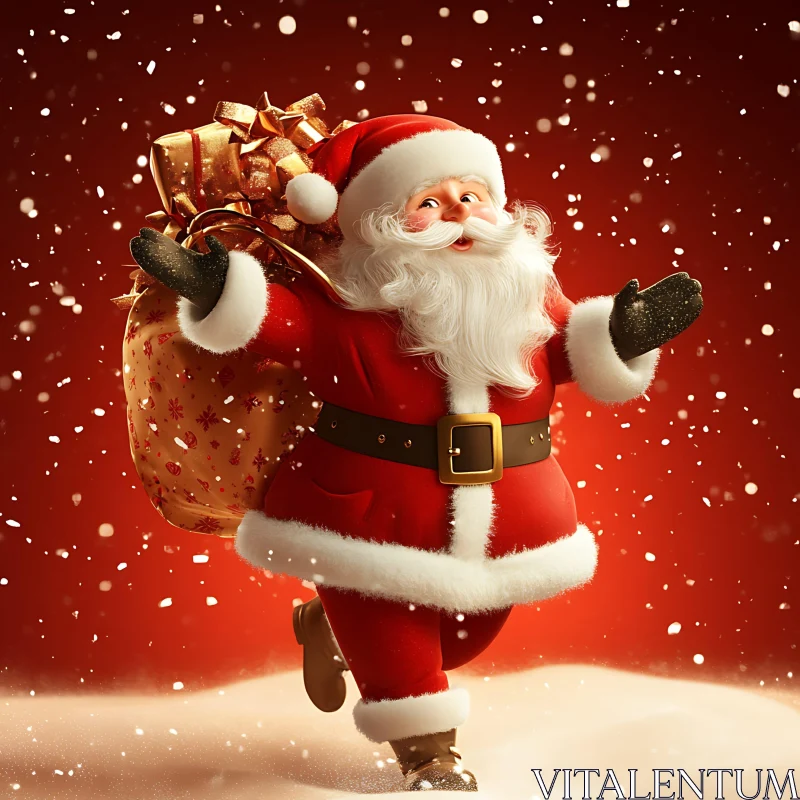 Santa Claus in Snowfall with Gift Bag - Festive Holiday Image AI Image