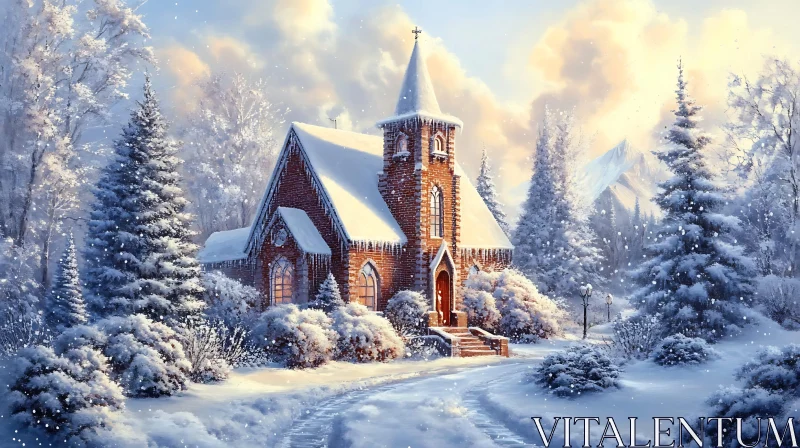 Snow-Covered Church Amidst Winter Forest AI Image