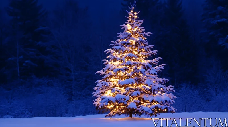 Nighttime Snowy Christmas Tree Decoration AI Image