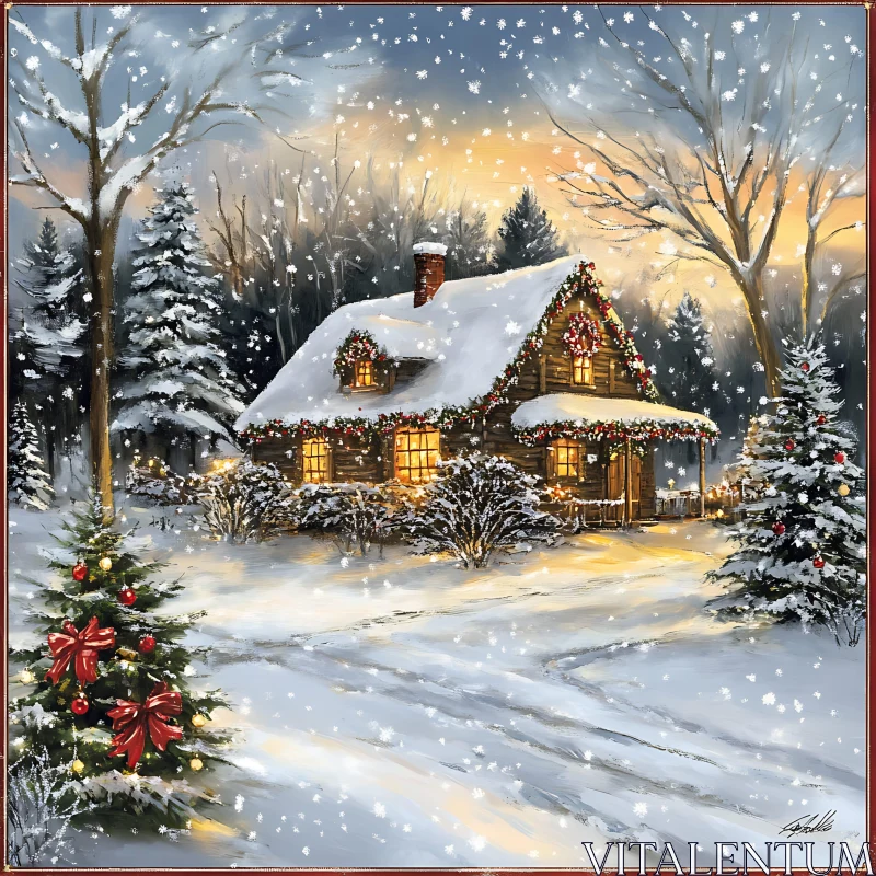 Cozy Winter Cabin Decorated for Christmas AI Image