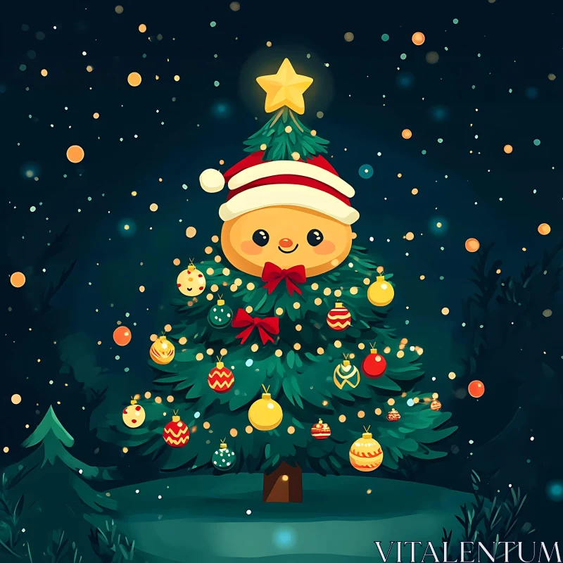 Decorated Christmas Tree in Holiday Night AI Image