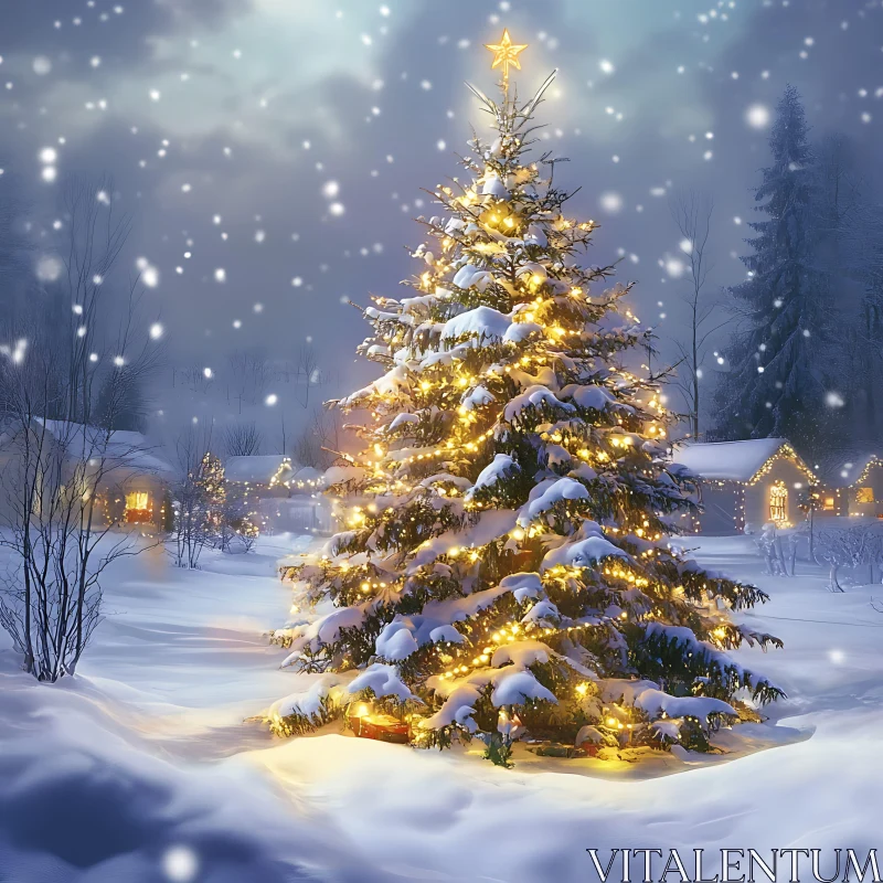 Serene Winter Night with Illuminated Christmas Tree AI Image