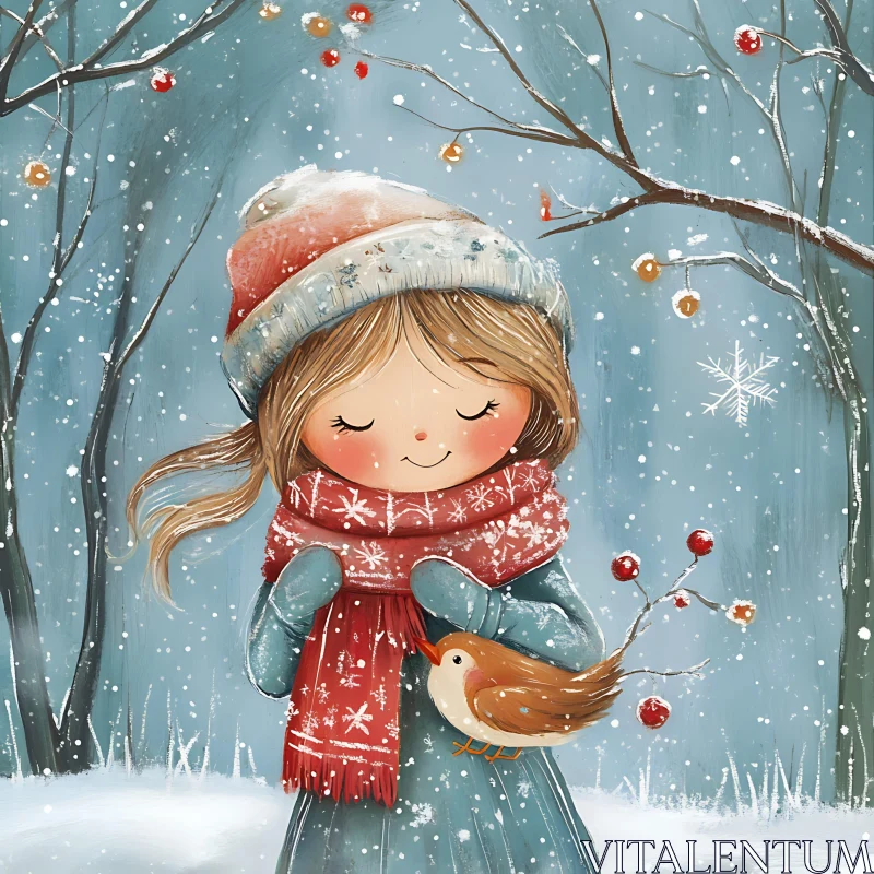 Charming Winter Scene of a Girl and Bird AI Image