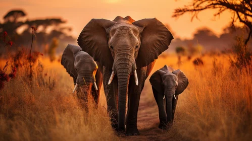 African Savanna Elephants at Sunset