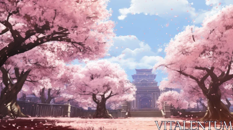 Anime Cherry Blossom Trees and Castle - Joyful Celebration of Nature AI Image