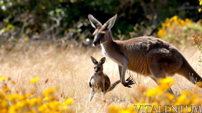 AI ART Captivating Image of Mother and Joey Kangaroos in a Field of Flowers