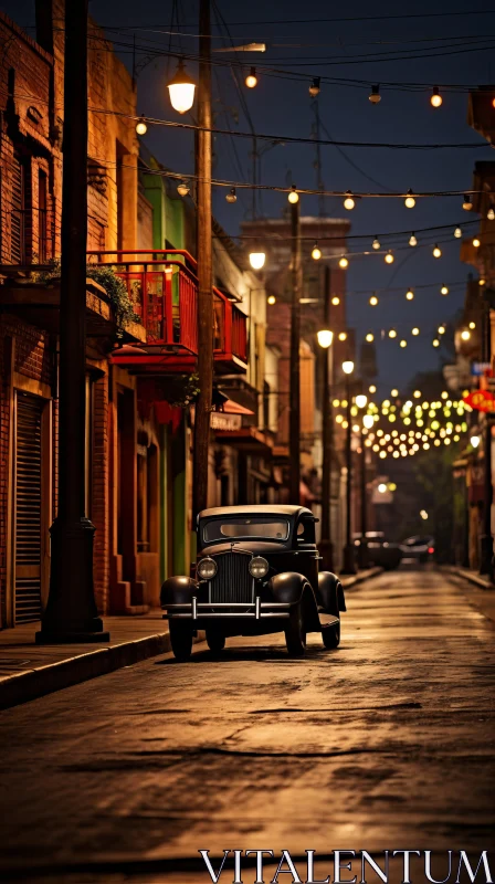 Captivating Night Scene with Vintage Car: Enchanting Street Decor AI Image