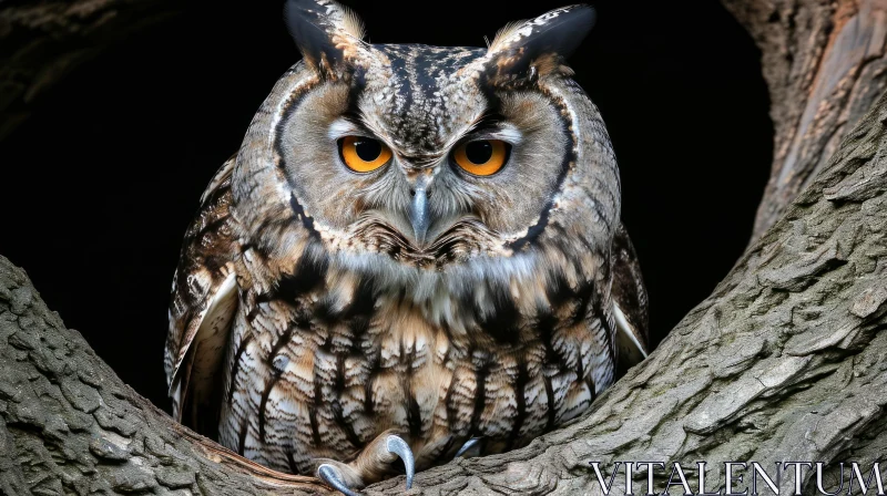 AI ART Close-up of an Owl with Large Orange Eyes Perched on a Tree Branch
