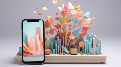 Colorful 3D Smartphone and Tree Composition