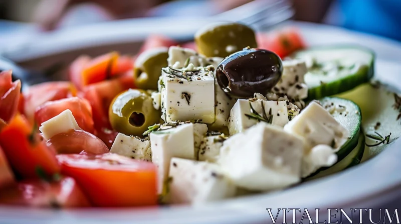 Delicious Greek Salad: Fresh Tomatoes, Cucumbers, Olives, and Feta Cheese AI Image