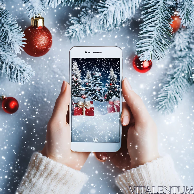 Snowy Christmas Trees and Gifts on Smartphone Display AI Image