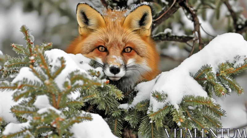 Enchanting Encounter: Red Fox in Snow-Covered Spruce Tree AI Image