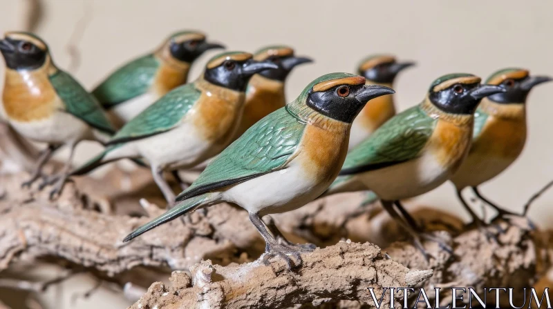 Group of Eight Birds Sitting on a Branch AI Image