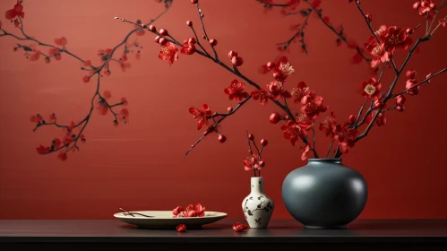 Oriental Minimalism: Red Blossoms in a Vase Wall Art